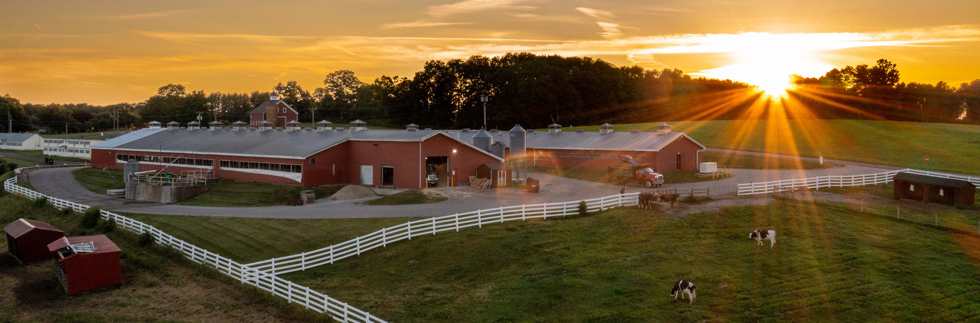 view of the Kellogg Dairy Center at sunset